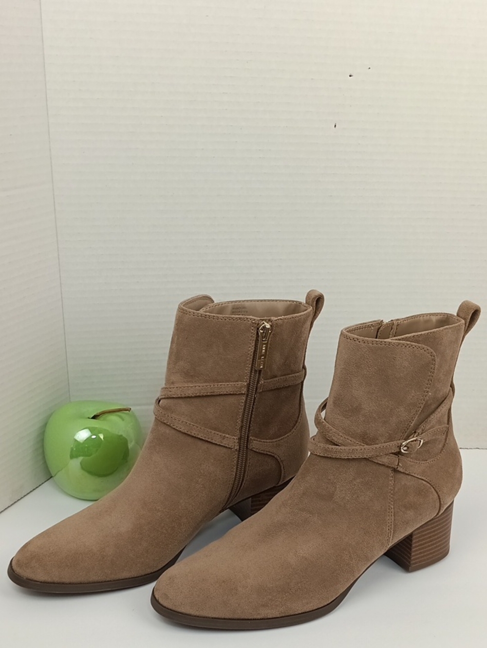 Anne Klein Taupe Suede Ankle Boots with Wrap Detail